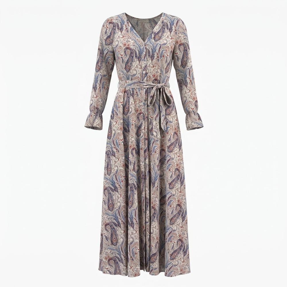 Indigo Rose L/S Lined Midi Dress Paisley Red/White/Blue Sz S Classic Americana